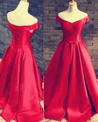 Bridesmaids Dresses Under 122, 2024 Gorgeous Red Floor-Length/Long A-Line/Princess Off-the-Shoulder Lace Up Satin Prom Dresses