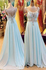 Bridesmaid Dresses Gowns, A-Line/Princess V-Neck Sleeveless Sweep/Brush Train Chiffon 2024 Blue Prom Dresses