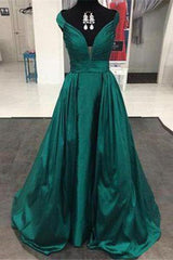 Bridesmaid Dresses Summer, Dark Green A-Line/Princess V-Neck Sleeveless Natural Zipper Sweep Train Satin Prom Dresses
