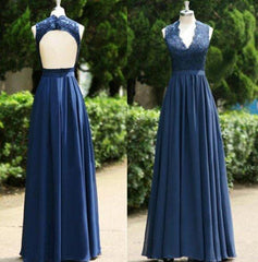 Bridesmaid Dresses Green, 2024 Blue Floor-Length/Long A-Line/Princess Backless Lace V-Neck Chiffon Prom Dresses