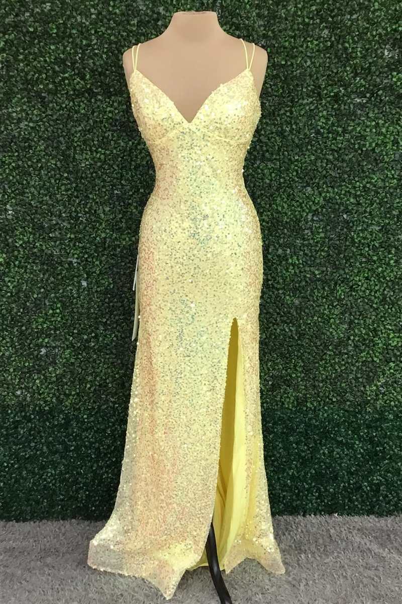 Homecoming Dress Website, Yellow Sequin V-Neck Lace-Up Back Long Prom Dress with Slit