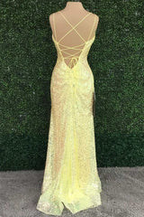 Homecoming Dress Stores, Yellow Sequin V-Neck Lace-Up Back Long Prom Dress with Slit