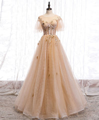 Formal Dress Party Wear, Champagne Round Neck Tulle Lace Long Prom Dress, Formal Dress