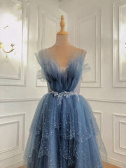 Evening Dresses Wedding, Gray Blue Tulle Beads Long Prom Dress, Blue Tulle Formal Dress