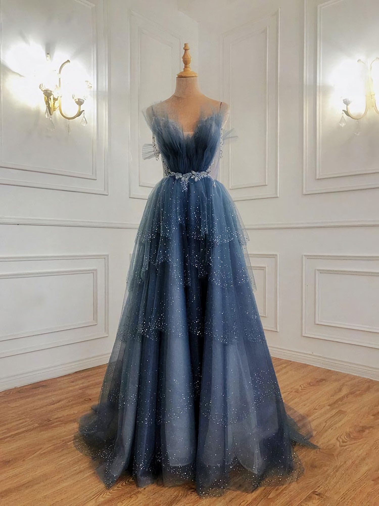 Evening Dresses Stores, Gray Blue Tulle Beads Long Prom Dress, Blue Tulle Formal Dress