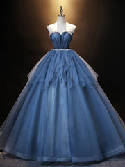 Prom Dresses Brand, Blue Sweetheart Neck Tulle Long Prom Dress, Blue Evening Dress