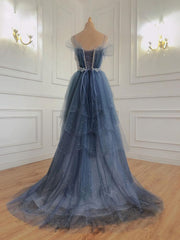 Evening Dress Wedding, Gray Blue Tulle Beads Long Prom Dress, Blue Tulle Formal Dress