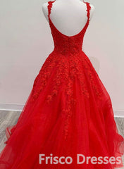 Party Dresses In Store, Red Tulle Lace A Line Formal Evening Dresses Appliques Long Prom Dresses