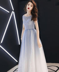 Prom Dresses Elegent, Blue Round Neck Tulle Long Prom Dress, Blue Tulle Evening Dress