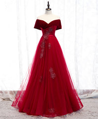 Formal Dress Shop Near Me, Burgundy Tulle Off Shoulder Long Prom Dress, Burgundy Formal Dress