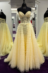 Homecoming Dress Websites, Yellow Lace-Up Floral Multi-Layers Strapless A-line Long Prom Dress