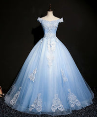 Prom Dress Designs, Blue Tulle Lace Off Shoulder Long Prom Dress, Blue Tulle Lace Evening Dress