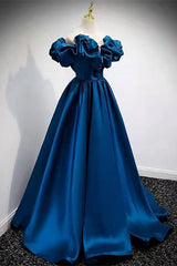 Prom Dresses Blushes, A-Line Dark Blue Off-the-Shoulder Stain Prom Gown