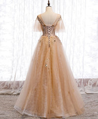 Formal Dress Australia, Champagne Round Neck Tulle Lace Long Prom Dress, Formal Dress