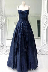 Party Dresses For Girl, Stunning Sleeveless A Line Navy Blue Sequin Prom Dresses