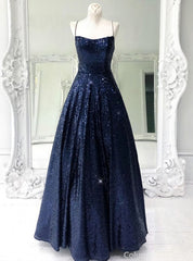 Night Out Outfit, Stunning Sleeveless A Line Navy Blue Sequin Prom Dresses