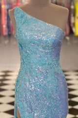 Prom Dress Open Back, One-Shoulder Sequins Long Prom Dress with Floral Appliques