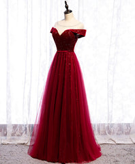 Formal Dress Outfit Ideas, Burgundy Round Neck Tulle Sequin Long Prom Dress, Tulle Formal Dress