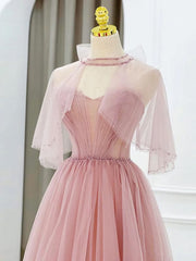 Homecoming Dress Lace, Pink Tulle Tea Length Prom Dress, Pink Tulle Formal Dress