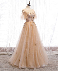 Formal Dress Boutique, Champagne Round Neck Tulle Lace Long Prom Dress, Formal Dress