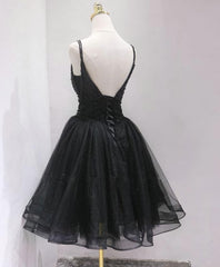 Homecomeing Dresses Black, Black Tulle Beads Short Prom Dress, Black Homecoming Dress