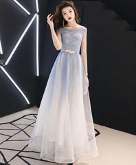 Prom Dress Shopping Near Me, Blue Round Neck Tulle Long Prom Dress, Blue Tulle Evening Dress