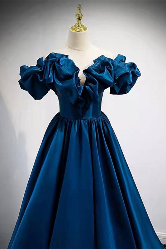 Prom Dress Navy, A-Line Dark Blue Off-the-Shoulder Stain Prom Gown