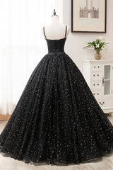 Bridesmaids Dress Blue, Black Tulle Long A-Line Long Prom Dresses, Black Evening Party Dresses