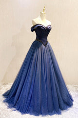 Black Bridesmaid Dress, A-Line Tulle Beading Long Prom Dresses, Off the Shoulder Evening Dresses