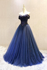 Blue Prom Dress, A-Line Tulle Beading Long Prom Dresses, Off the Shoulder Evening Dresses