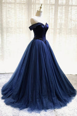 Purple Prom Dress, A-Line Tulle Beading Long Prom Dresses, Off the Shoulder Evening Dresses