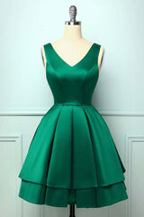 Prom Dressed Ball Gown, Green Satin Short Prom Dresses, A-Line Homecoming Dresses