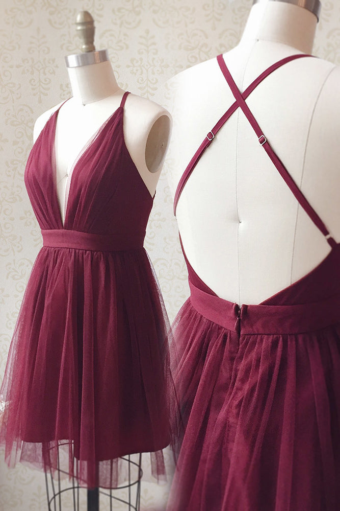 Formal Dress With Sleeve, Straps A-line Burgundy Tulle Short Homecoming Dress