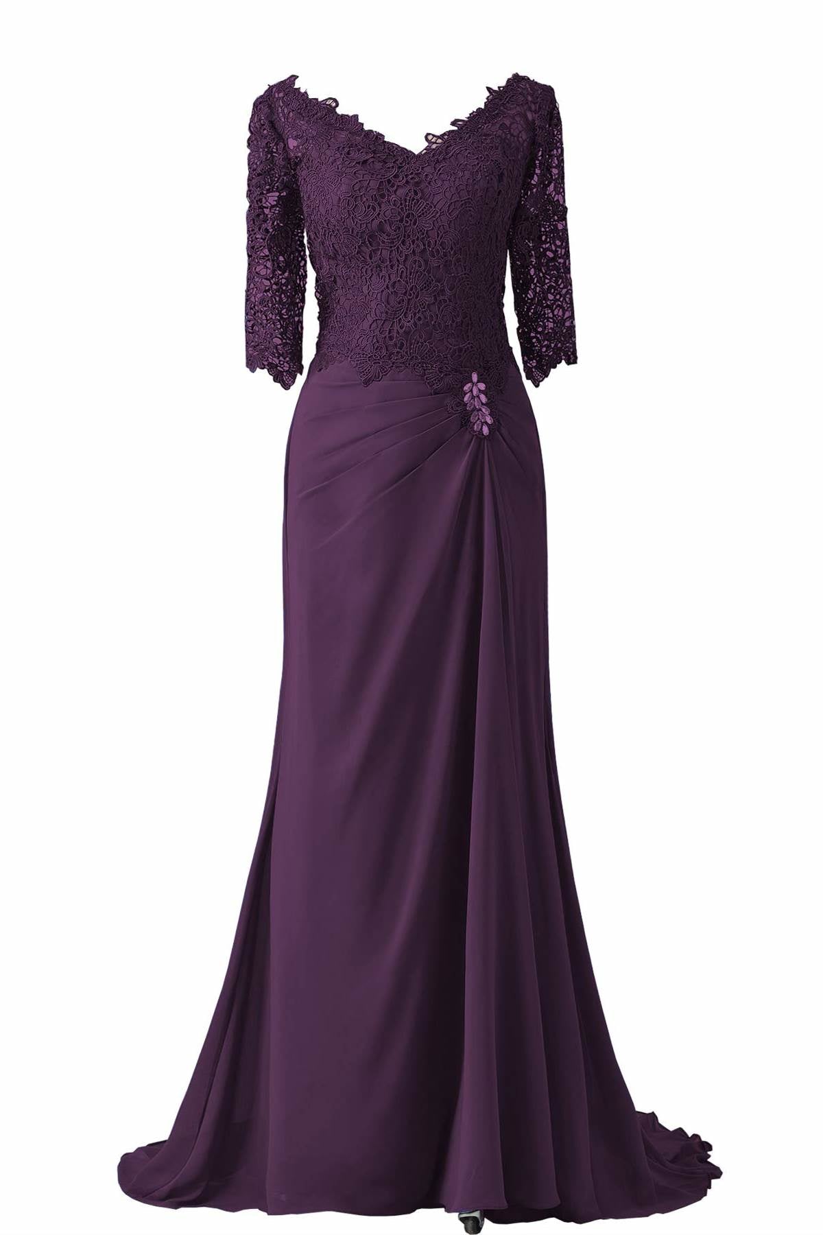 Evening Dress Vintage, V-Neck Half Sleeve Plum Mother of Bridal Dress