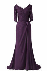 Evening Dress Vintage, V-Neck Half Sleeve Plum Mother of Bridal Dress