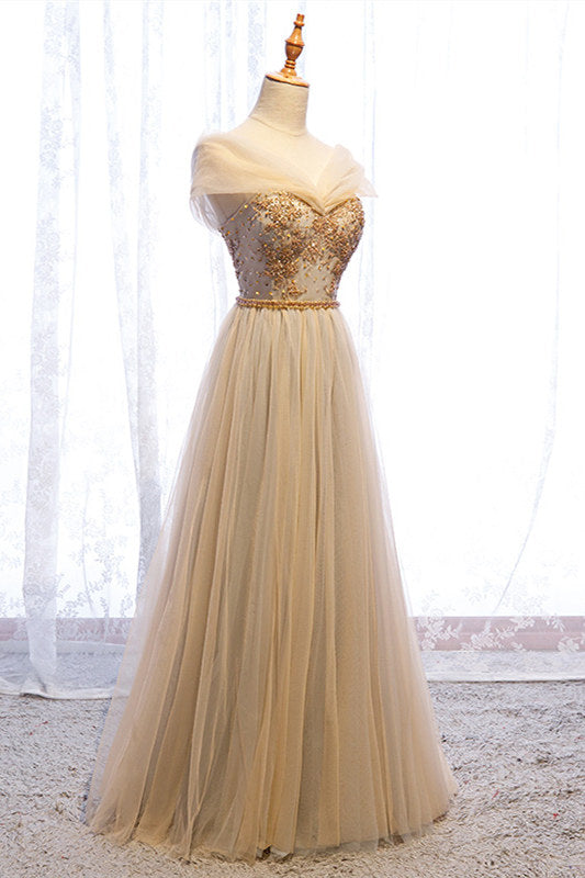 Prom Dresses Long Mermaid, A-Line Cap Sleeves Champagne Formal Dress