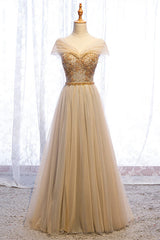 Prom Dresses For Curvy Figures, A-Line Cap Sleeves Champagne Formal Dress