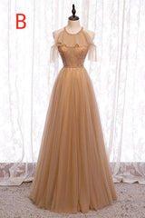 Prom Dresses For Chubby Girls, A-Line Beaded Champagne Tulle Bridesmaid Dress