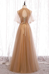 Prom Dresses Tight Fitting, A-Line Beaded Champagne Tulle Bridesmaid Dress