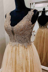 Prom Dresses 2041 Black, A-Line Champagne Tulle Formal Dress with Appliques