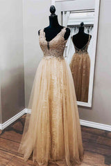 Prom Dresses Dark Blue, A-Line Champagne Tulle Formal Dress with Appliques