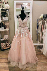 Evenning Dress For Wedding Guest, V-Neck Sleeveless Pink Prom Dress with Embroidery