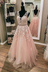 Evening Dresses Floral, V-Neck Sleeveless Pink Prom Dress with Embroidery