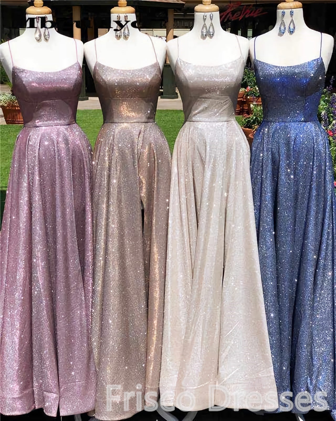 Party Dress Fancy, A-Line Sparkle Split Backless Evening Dresses  Long Prom Dresses With Pocket