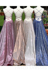 Party Dress On Line, A-Line Sparkle Split Backless Evening Dresses  Long Prom Dresses With Pocket