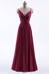 Homecomming Dresses Long, Wine Red Chiffon A-line Long Pleated Bridesmaid Dress