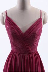 Homecomeing Dresses Long, Wine Red Chiffon A-line Long Pleated Bridesmaid Dress