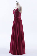 Homecomming Dresses Short, Wine Red Chiffon A-line Long Pleated Bridesmaid Dress