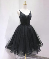 Homecoming Dress Black, Black Tulle Beads Short Prom Dress, Black Homecoming Dress