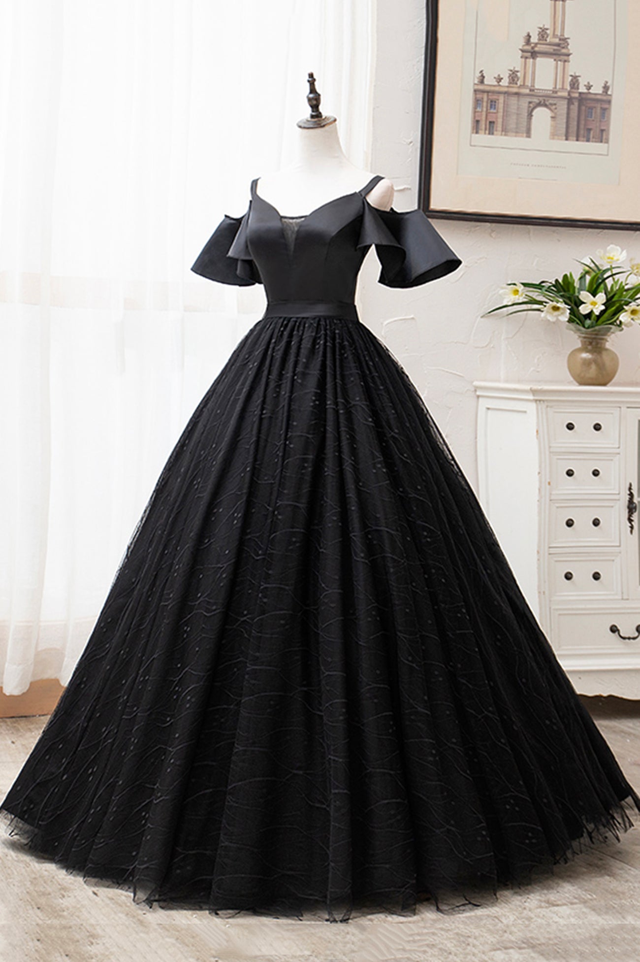 Bridesmaids Dresses With Lace, Black V-Neck Tulle Long Prom Dresses, A-Line Black Evening Dresses